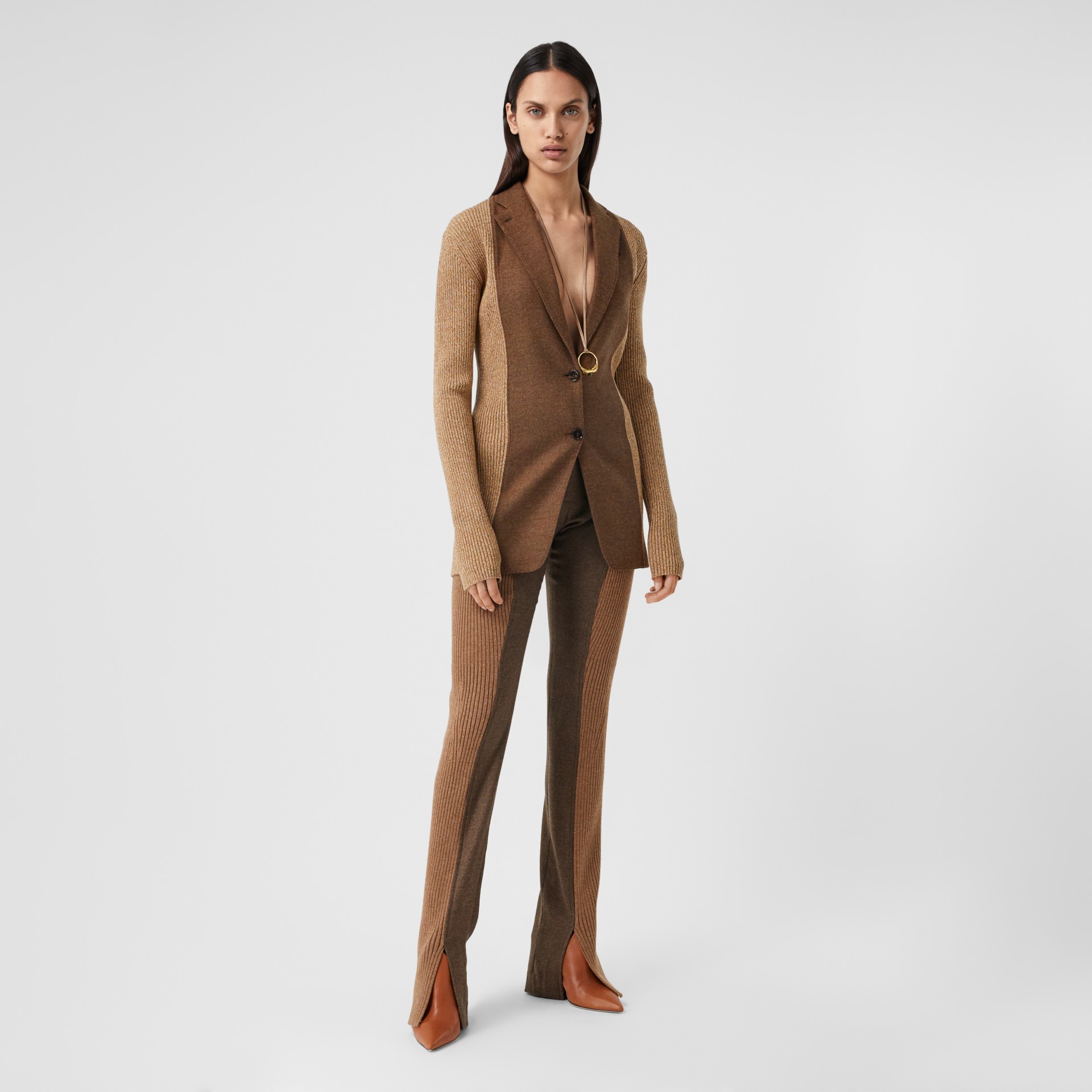 Rib Knit Panel Wool Cashmere Tailored Jacket in Dark Tan Women