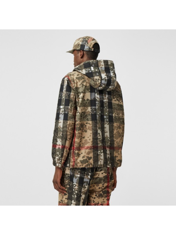 Camouflage Check Nylon Hooded Jacket in Archive Beige Burberry United