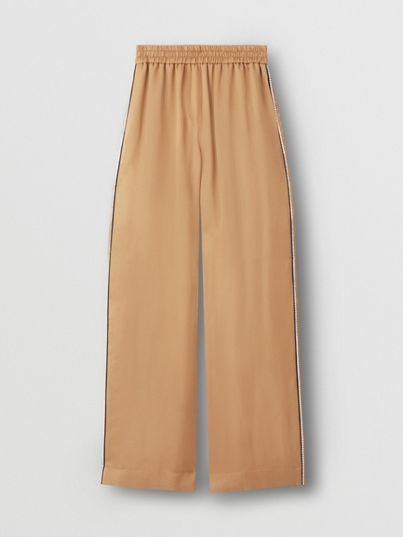 Calças estilo pantalona de cetim de seda com listras com cristais (Camel)