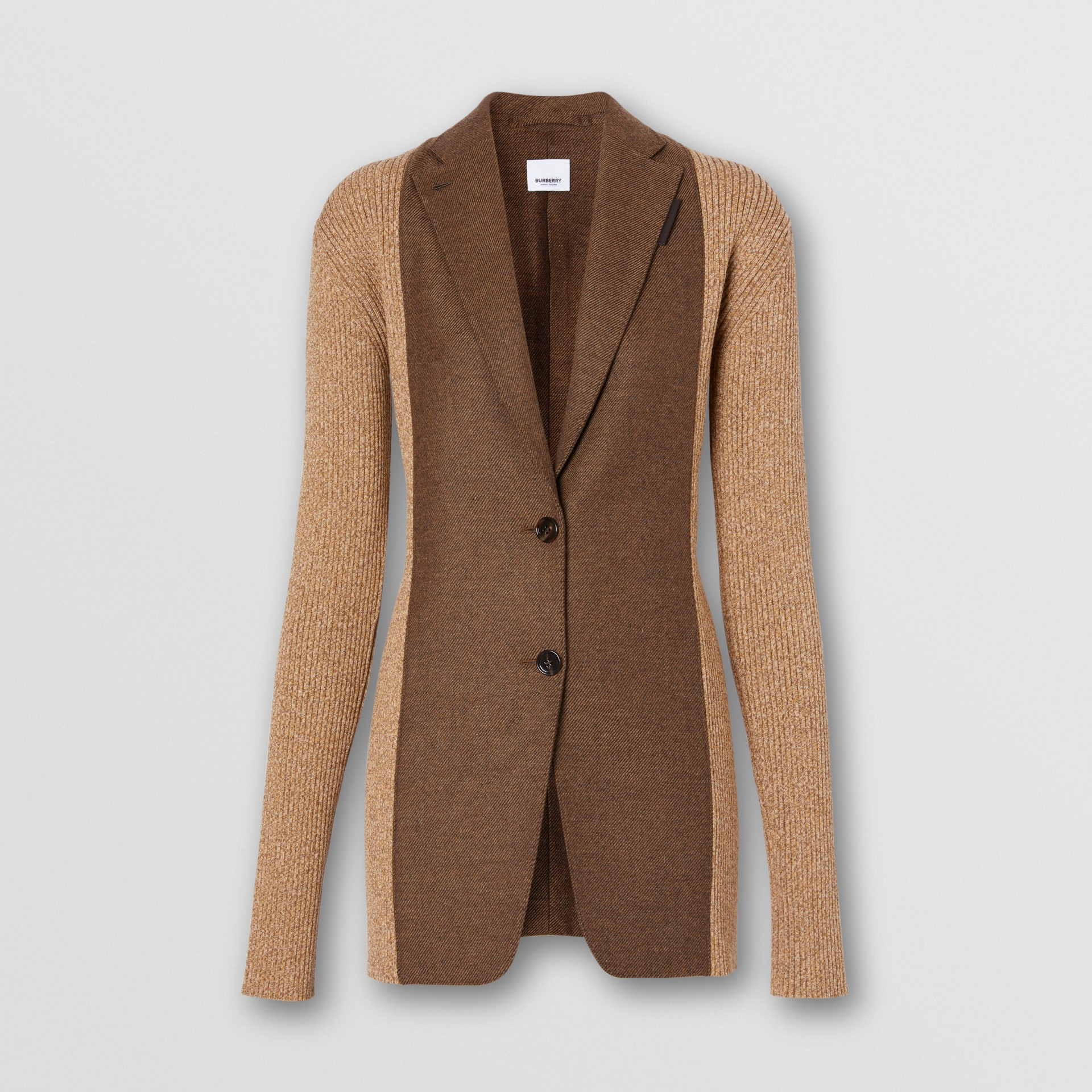 Rib Knit Panel Wool Cashmere Tailored Jacket in Dark Tan Women
