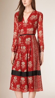 Military red Floral Print Silk A-line Dress - Image 1