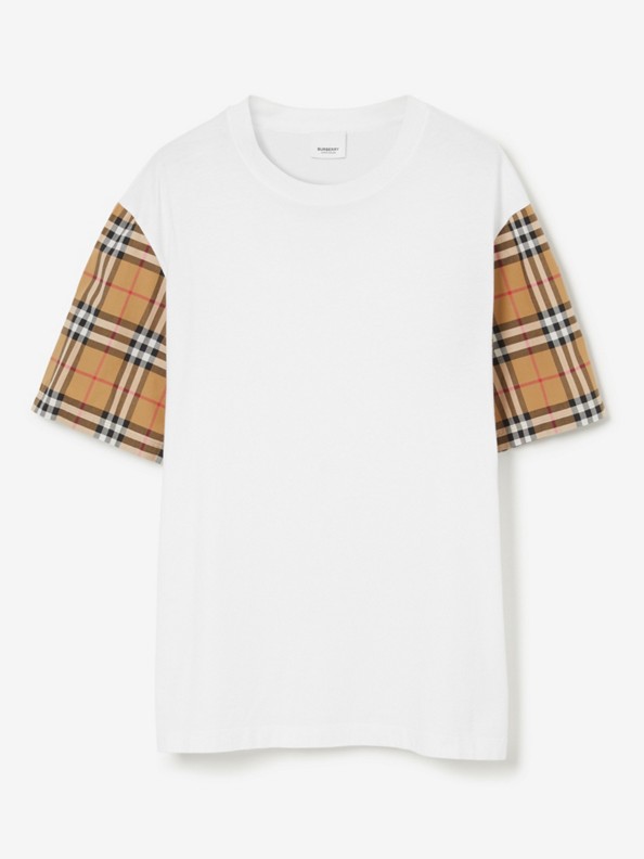 Camiseta de algodão com mangas em Check (Branco)