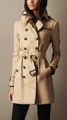 Mid-Length Cotton Gabardine Leather Detail Trench Coat
