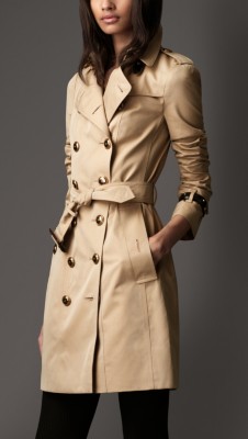 Long Cotton Gabardine Leather Detail Trench Coat
