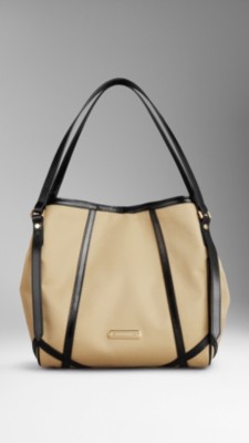 Bolso tote pequeño en algodón de gabardina y cuero