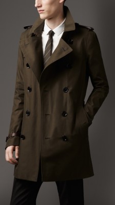 Mid-Length Leather Trim Gabardine Trench Coat