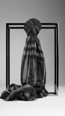 Check Wool Cashmere Crinkled Scarf