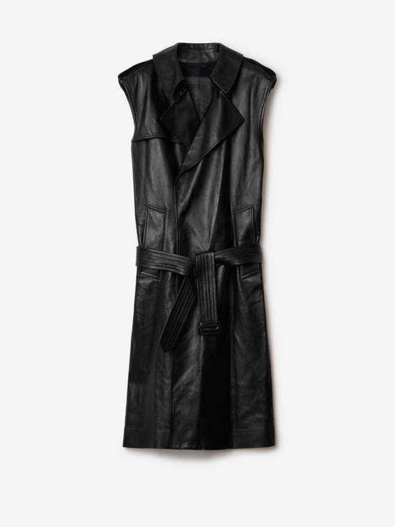 Long Sleeveless Leather Trench Coat in Black