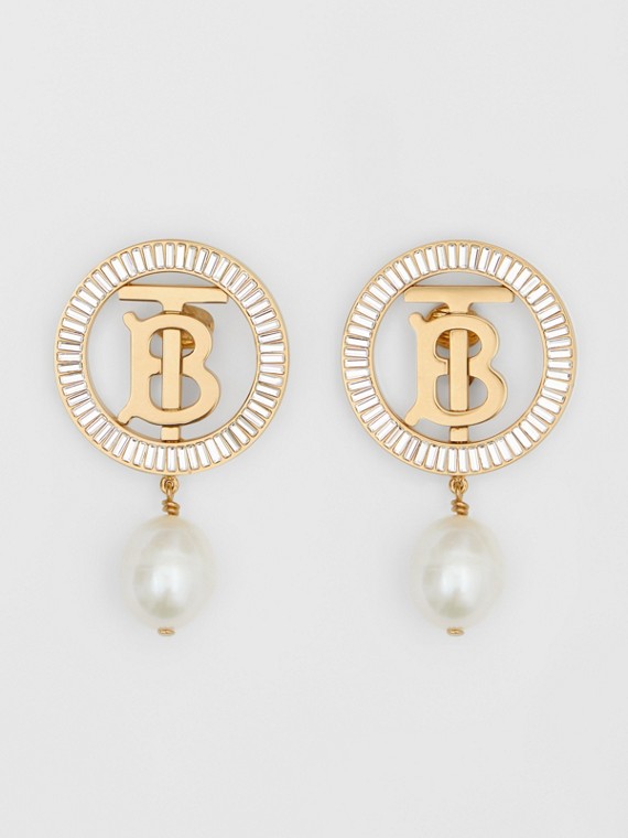 Boucles d'oreilles plaquées or Monogram avec perle (Clair/cristal/blanc)