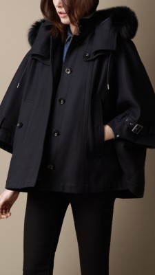 Fox Fur Trim Felted Wool Cape