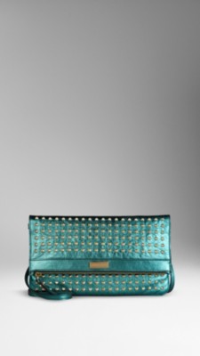 Studded Metallic Leather Foldover Crossbody Bag