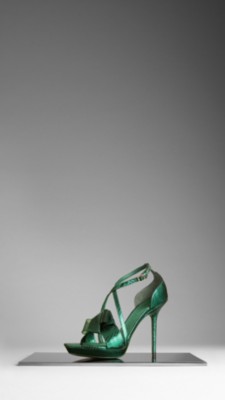 Bow Detail Metallic Snakeskin Sandals