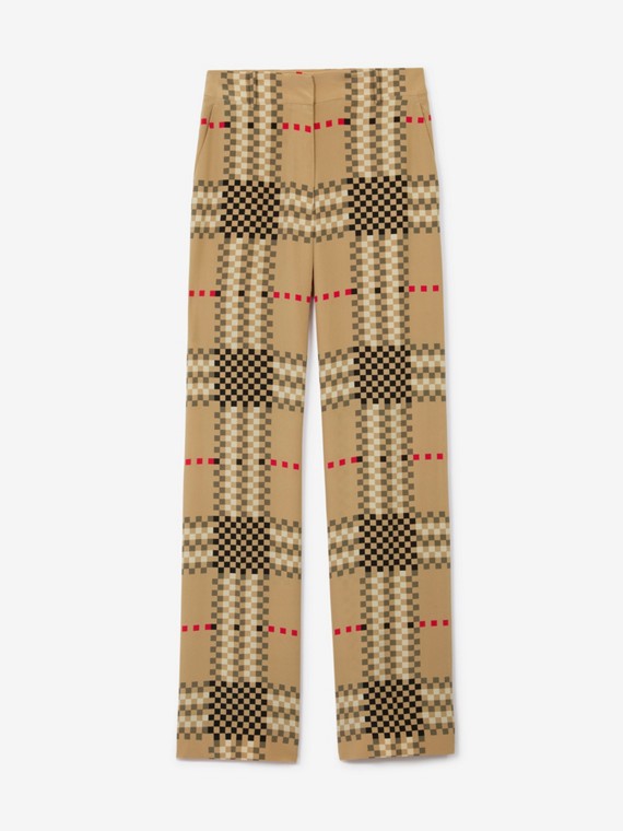 Calças estilo pantalona de crepe de chine de seda em xadrez pixelado (Bege Clássico)