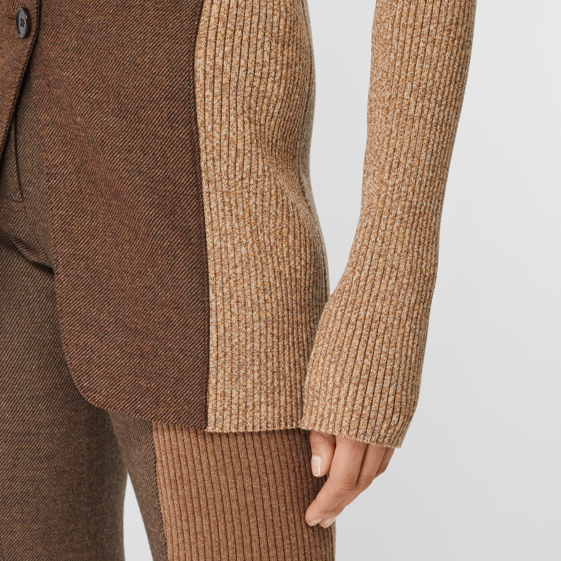 Rib Knit Panel Wool Cashmere Tailored Jacket in Dark Tan Women