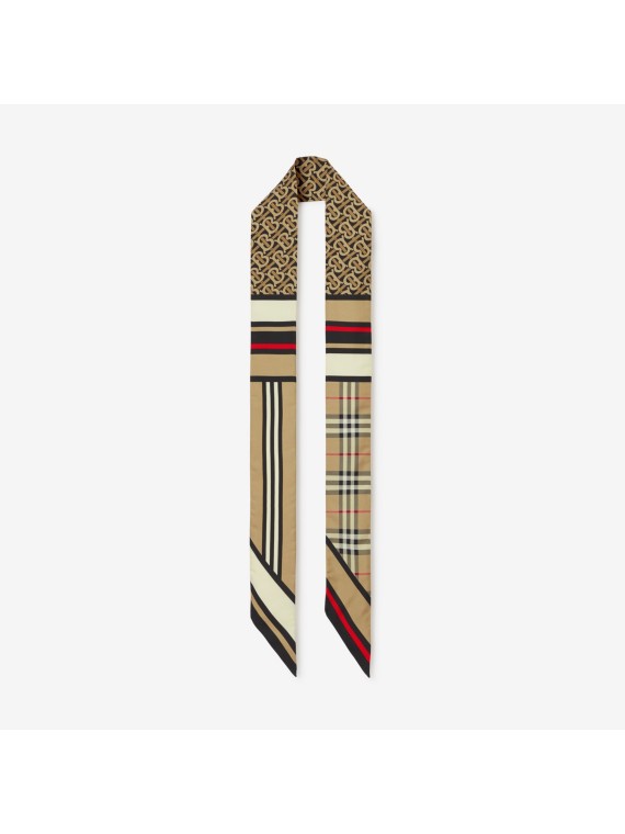 Schmaler Seidenschal mit Druckmotiven (Vintage-beige)