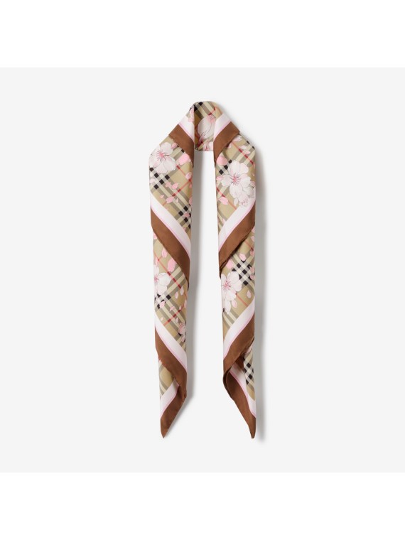 Seidenkarreeschal mit Karo- und Blumenmuster (Vintage-beige)