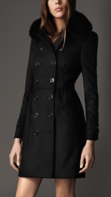 Mid-Length Wool Cashmere Fur Collar Trench Coat
