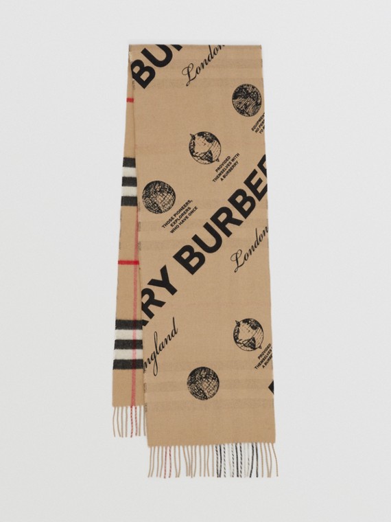Sciarpa in cashmere double face con motivo tartan e stampa stile etichetta (Beige Archivio)