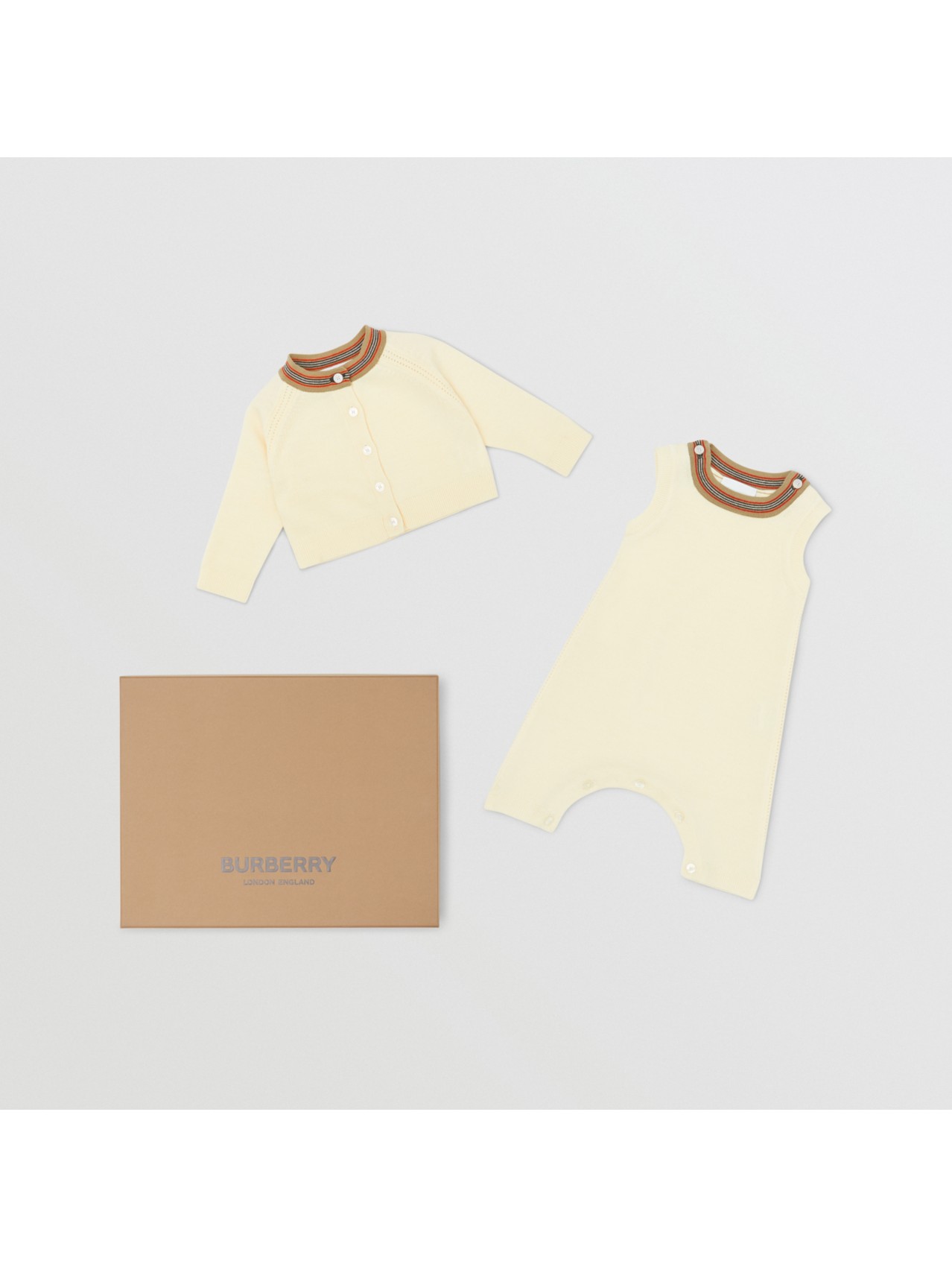 icon stripe trim merino wool two-piece baby gift set in ivory