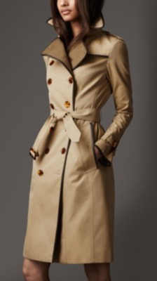 Long Cotton Gabardine Wool Detail Trench Coat