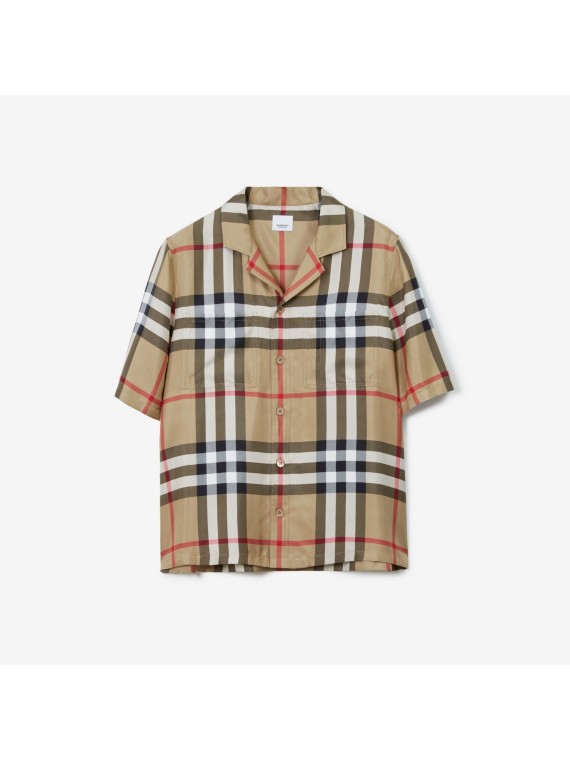 Check-Kurzarmhemd aus Seide (Vintage-beige)