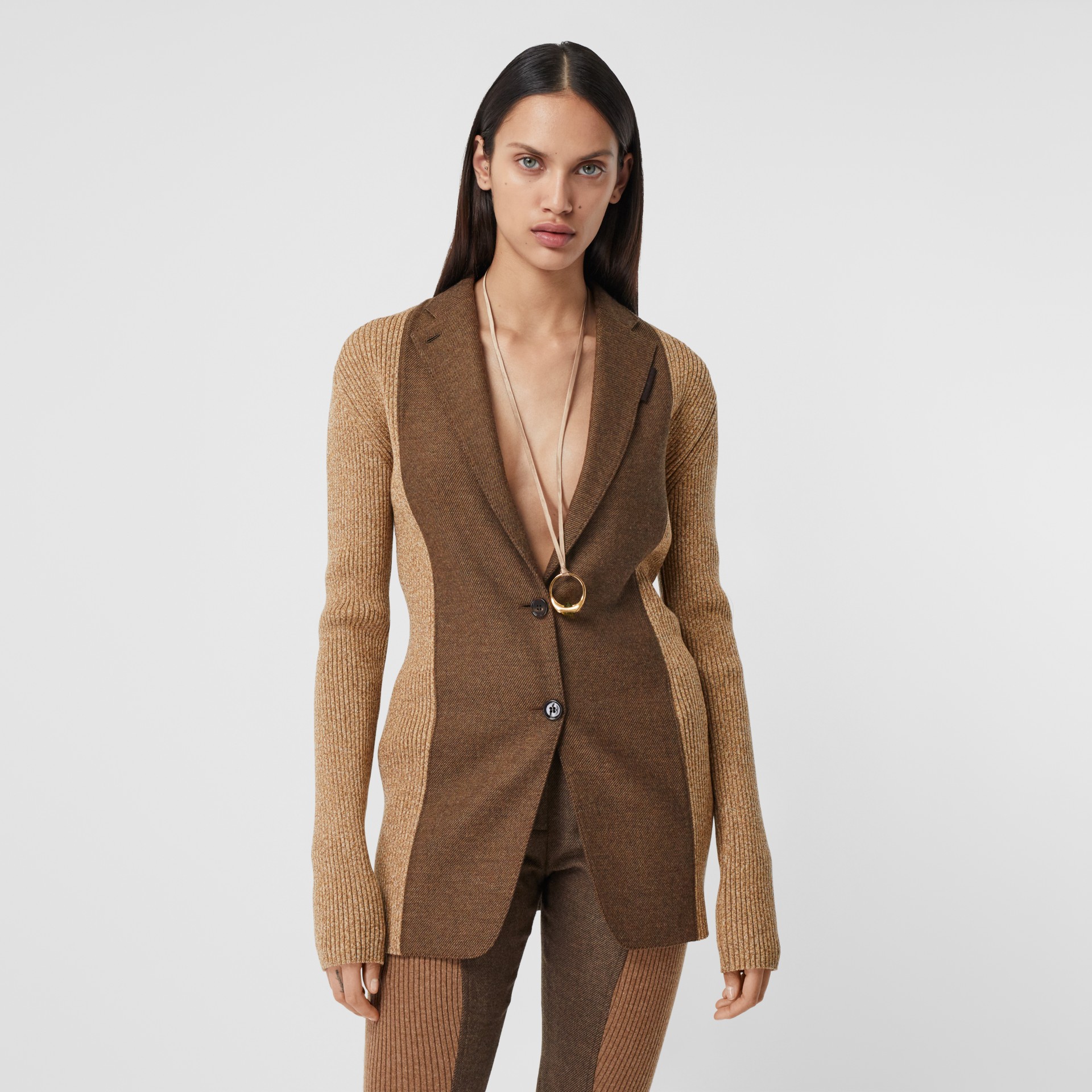 Rib Knit Panel Wool Cashmere Tailored Jacket in Dark Tan Women