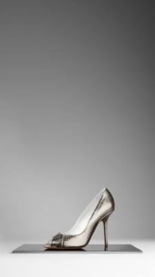 Metallic Snakeskin Peep-Toe Pumps