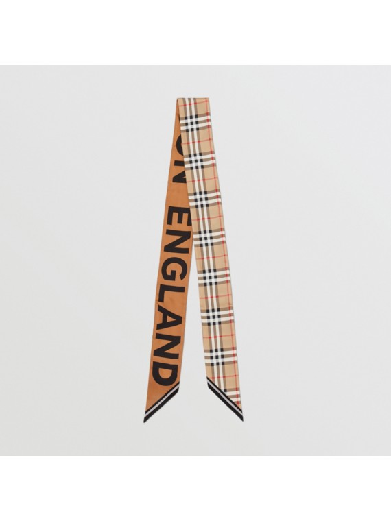 Schmaler Seidenschal mit Vintage Check-Muster und Logo (Vintage-beige)