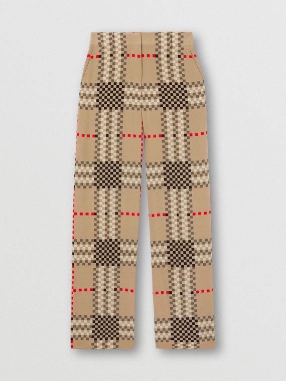 Calças estilo pantalona de seda em xadrez pixelado com corte personalizado (Bege Clássico)