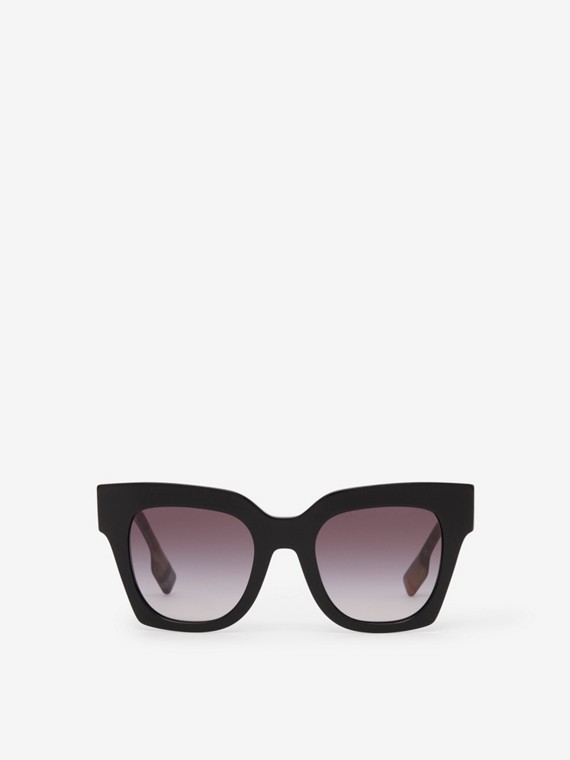 Sonnenbrille mit eckiger Fassung und Check (Schwarz/beige)