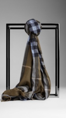 Check Wool Cashmere Crinkled Scarf