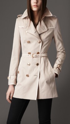 Short Cotton Gabardine Leather Detail Trench Coat