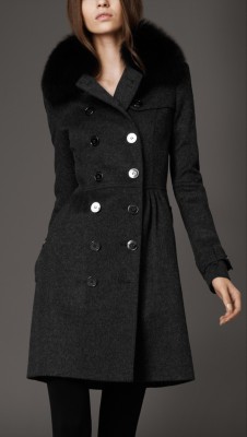 Mid-Length Wool Cashmere Fur Collar Trench Coat