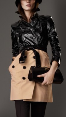 Mid-Length Patent Leather Gabardine Trench Coat