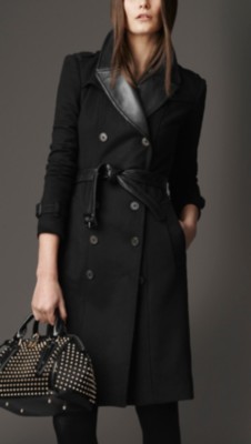 Long Wool Cashmere Leather Detail Trench Coat