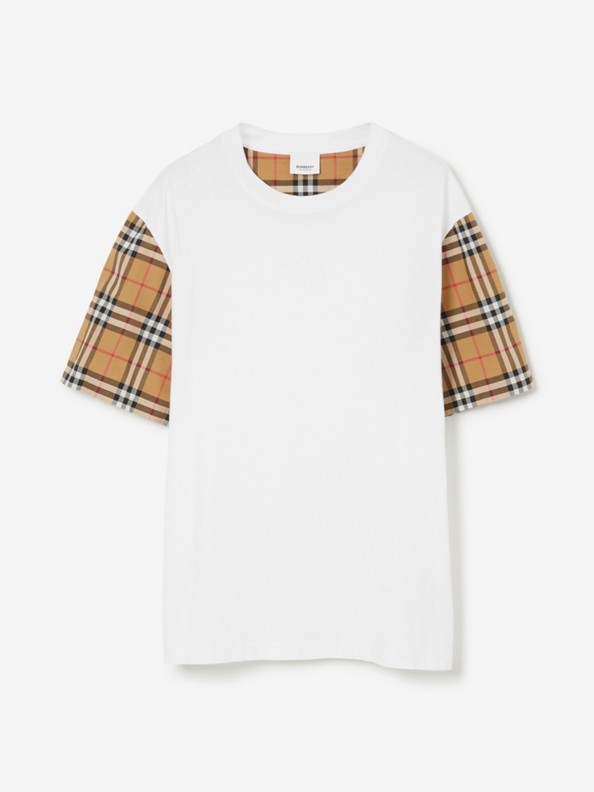 Vintage 格紋衣袖棉質寬版 T 恤 (白色)