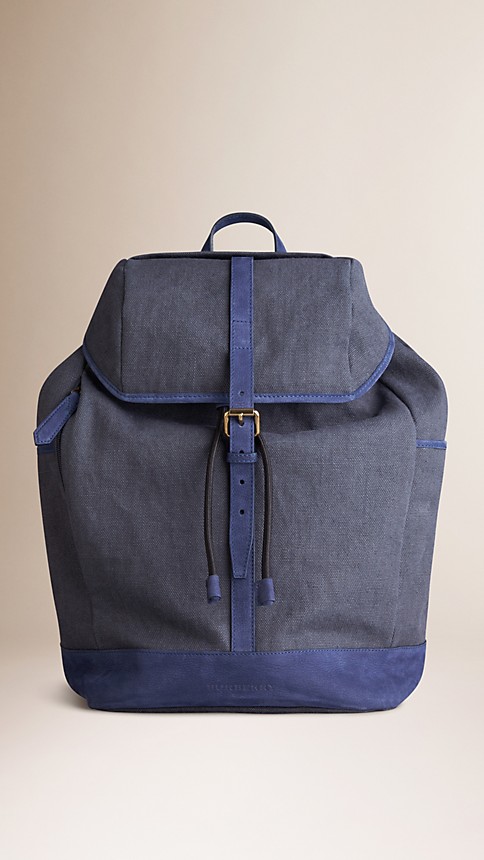 Navy Linen Canvas Backpack with Leather Trim - Image 1
