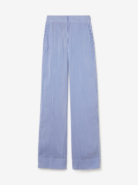 Calças estilo pantalona de seda com listras (Azul/branco)