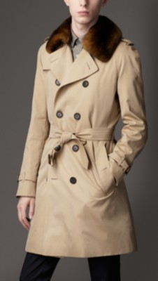 Mid-Length Cotton Gabardine Fur Collar Trench Coat