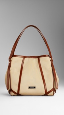 Bolso tote pequeño en algodón de gabardina y cuero