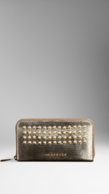 Studded Metallic Lizard Ziparound Wallet