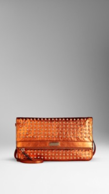Studded Metallic Leather Foldover Crossbody Bag