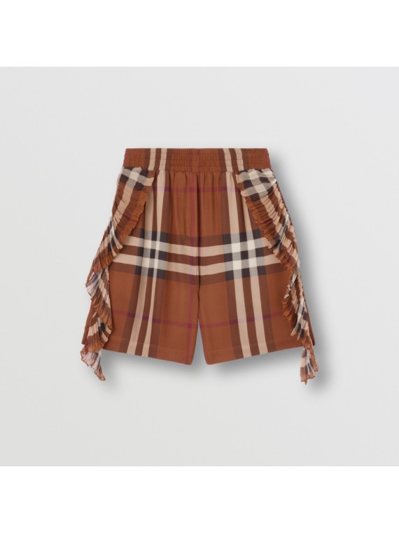 Bermuda de georgette de seda xadrez com detalhe de babado plissado (Marrom Bétula Escuro)