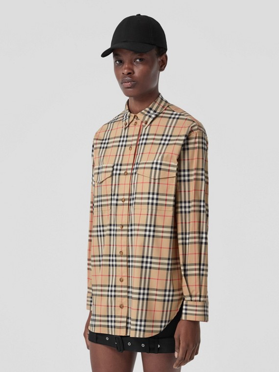 Oversize-Bluse aus Stretchbaumwolle mit Vintage Check-Muster (Vintage-beige)