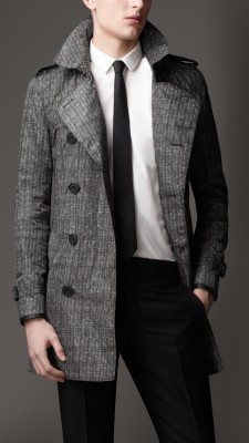 Mid-Length Herringbone Trench Coat with Leather Trim