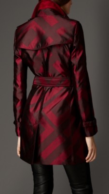 Mahogany red Check Silk Jacquard Trench Coat - Image 2