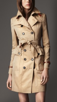 Long Cotton Gabardine Peplum Pocket Trench Coat