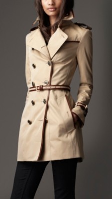 Short Cotton Gabardine Leather Detail Trench Coat