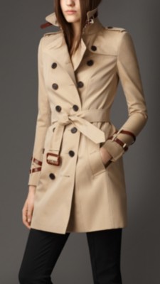 Mid-Length Leather Detail Gabardine Trench Coat