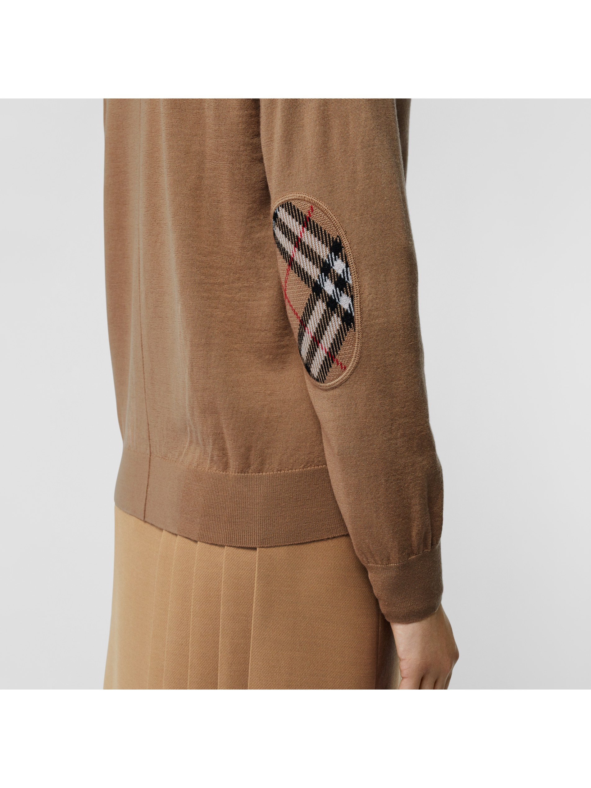 camel vintage check detail merino wool cardigan image11